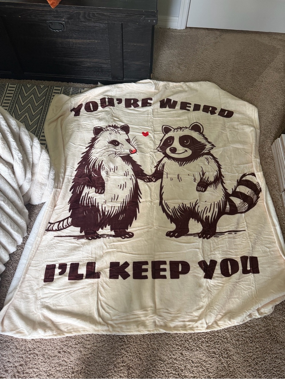 Plush Cream 'You're Weird I'll Keep You' Animal Print Throw Blanket